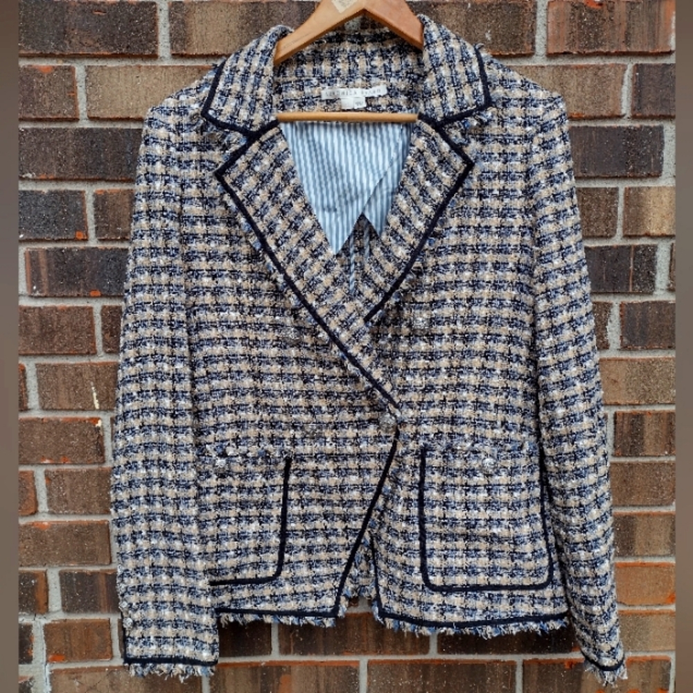 Veronica Beard Theron Tweed Blazer Navy Gold Button Double Breasted NWOT - Picture 4 of 10